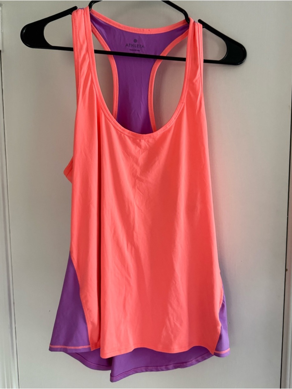 2 Athleta Tanks - Neon Coral Racerback Tank w Purple Liner and Aqua Blue Size L - Picture 6 of 9